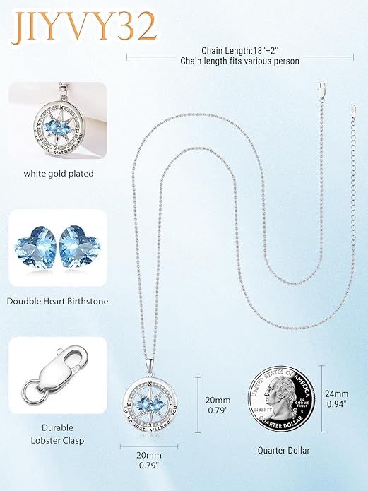 Compass Necklace for Women, Exquisite S925 Valentines Day Anniversary Birthday Gifts for Wife Her Double Birthstone Pendant Jewelry ‘I'd be Lost Without You’