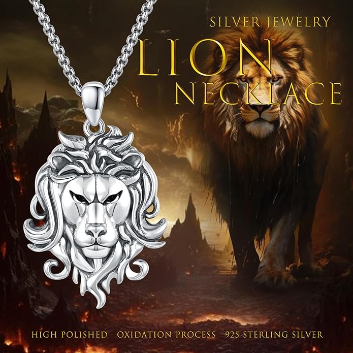 Cuoka Lion Necklace for Men Women S925 Sterling Silver King Retro Punk Gothic Hip Hop Rock Animal Lion Head Pendant Charm Jewelry Chain Necklace Viking Protection Amulet Necklaces