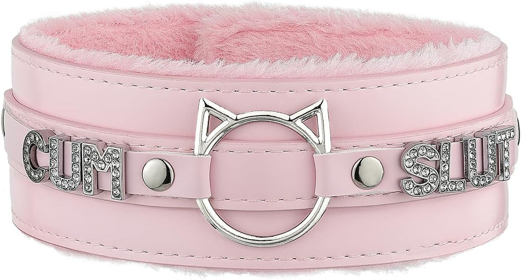 Handmade Collar Choker Necklace for Women – Cat Ear O-Ring Punk Goth Letter Choker,Black/Pink Furry Alt Fashion Jewelry