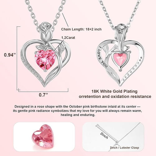 1.2CT Rose Heart Necklace Option of Moissanite or Lab-Grown Sapphire Ruby Emerald&More Necklace for Women Birthstone Girlfriend Necklace S925 Sterling Silver 18K White/Rose Gold Plated D Color VVS1 Gift for Wife Mother Daughter for Birthday Anniversary...
