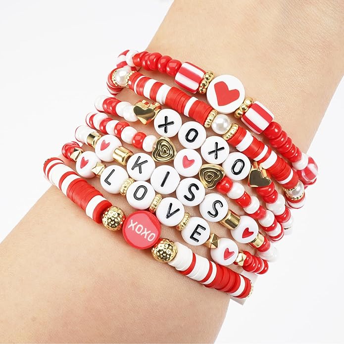 Beaded Bracelet for Women Pink Love Heart Stretch Bracelets Accessories