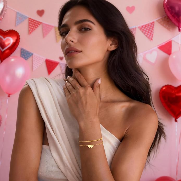 Valentines Day Gifts for Kids Women Girls, 14K Gold Plated Heart Initial Bracelet Teen Girl Gifts Trendy Stuff Dainty Gold Bracelets for Women Girls Valentines Day Gifts