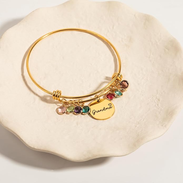 Custom Grandma Birthstone Bangle Bracelet, Personalized Children’s Birthstone Gift for Mom, Handmade Jewelry for Her, Birthday Valentines Day Gift for Women, Meaningful Present for Grandma – ABR-LC-MBS