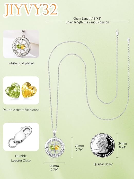 Compass Necklace for Women, Exquisite S925 Valentines Day Anniversary Birthday Gifts for Wife Her Double Birthstone Pendant Jewelry ‘I'd be Lost Without You’