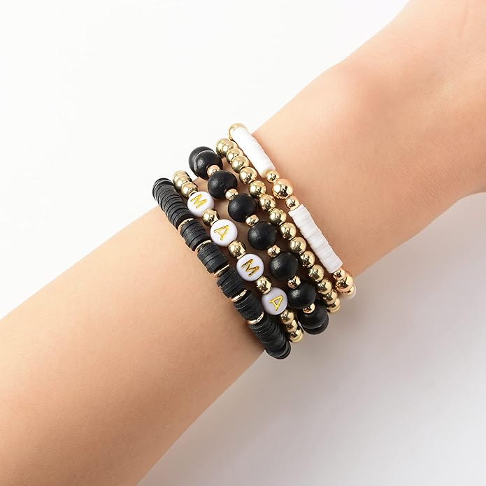 GOOJIDS Surfer Heishi Clay Bead Bracelets for Women Bohemian Stackable Gold Plated Beaded Stretch Bracelets Elastic Layering Friendship Bracelets Set Boho Jewelry