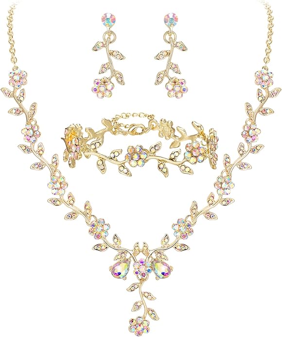 BriLove Women's Wedding Jewelry Leaf Cluster Flower Crystal Dangle Earrings Pendant Necklace Set for Bridal