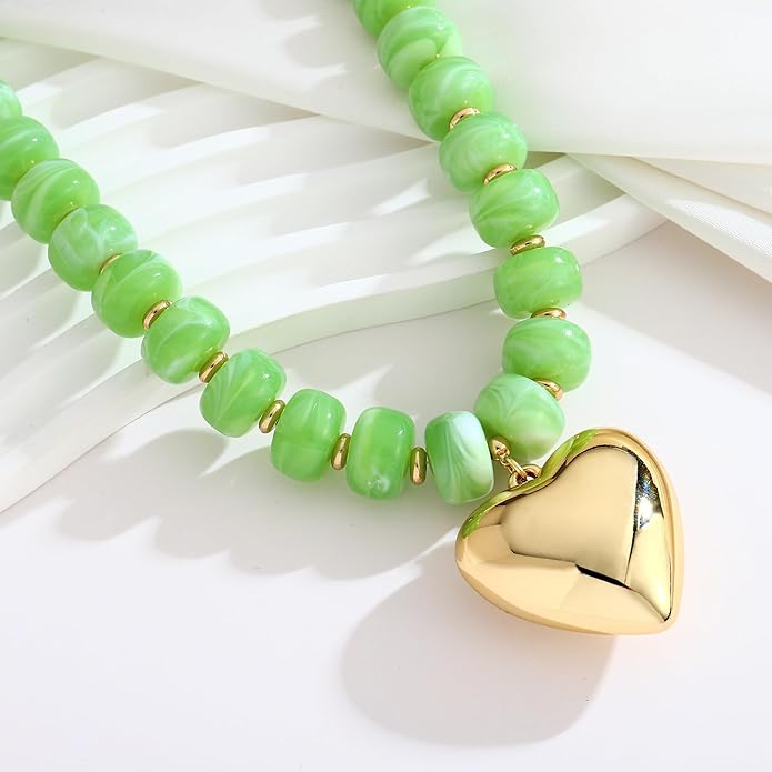 WOWORAMA Chunky Heart Necklaces for Women Colorful Resin Beaded Choker Necklace Gold Puffy Heart Statement Necklace Trendy Acrylic Choker Jewelry