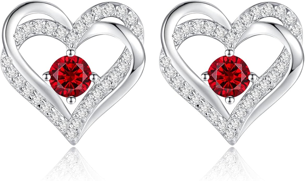 CDE Forever Love Heart Stud Earrings for Women, 925 Sterling Silver Birthstone Heart Stud Earrings Christmas Day Mother's Day Gift Anniversary Birthday Jewelry Gifts for Women Wife Her