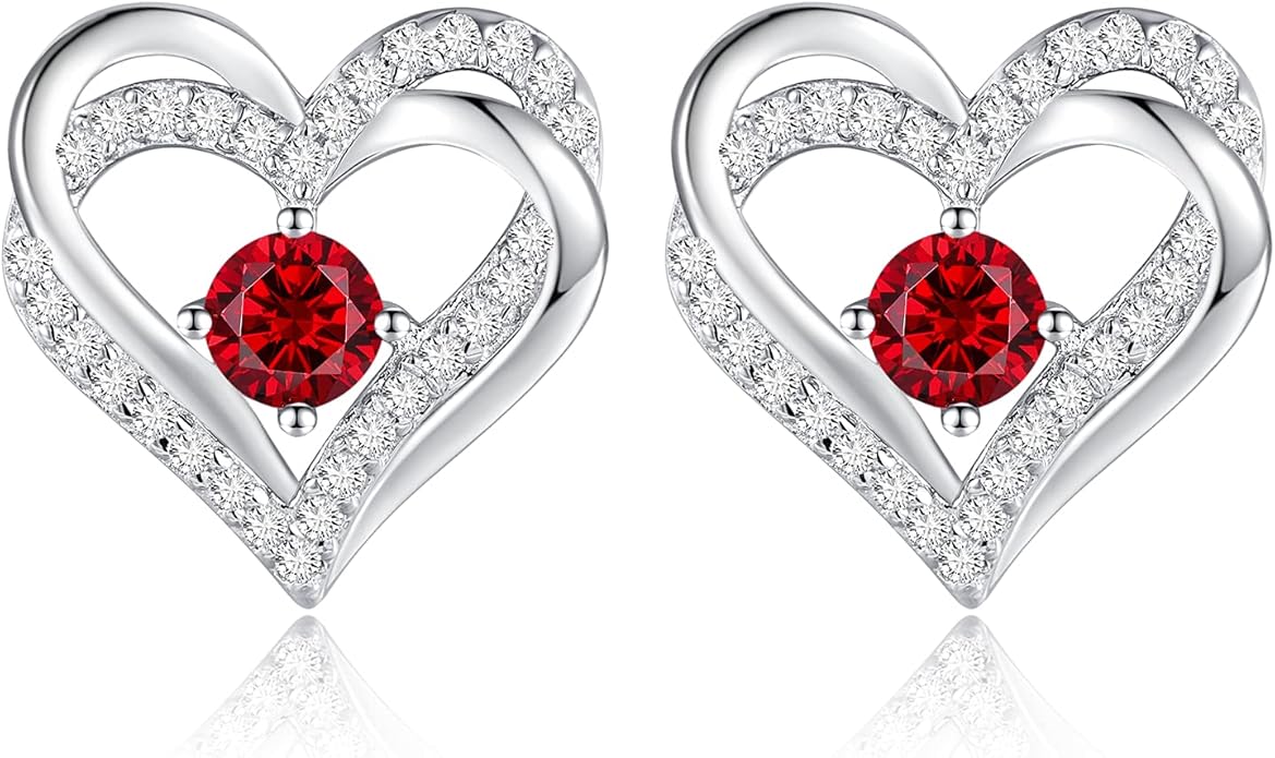 CDE Forever Love Heart Stud Earrings for Women, 925 Sterling Silver Birthstone Heart Stud Earrings Christmas Day Mother's Day Gift Anniversary Birthday Jewelry Gifts for Women Wife Her
