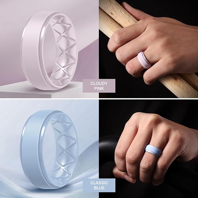 Egnaro Men's Rings 8.5mm Wide-2mm Thick Inner Arc Ergonomic Breathable Rubber Wedding bands-Hypoallergenic for Gym/Outdoor/Gift((1-7 Variety Pack with Half Size)