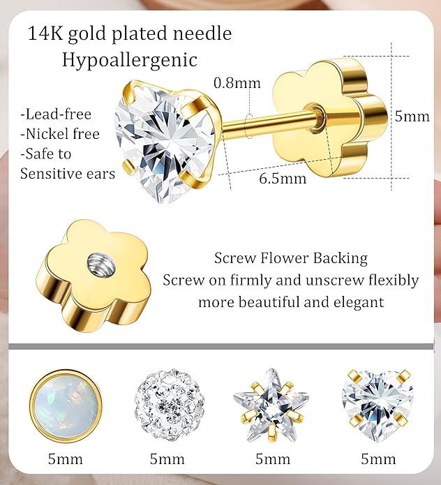 4Pairs 14K Gold Stud Earrings for Women Girls 316L Stainless Steel Hypoallergenic Earrings 20G Flat Back Handmade Nap Earrings Cute Screw Back Opal Heart Star Cartilage Earrings