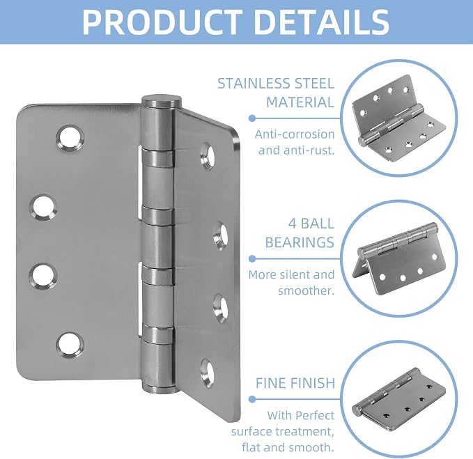 6 Pack Heavy Duty Door Hinges, 4 Inch Ball Bearing Door Hinges Stainless Steel - Image 4
