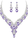 BriLove Women's Wedding Bridal Austrian Crystal Teardrop Flower Cluster Statement Necklace Dangle Earrings Jewelry Set for Party Prom