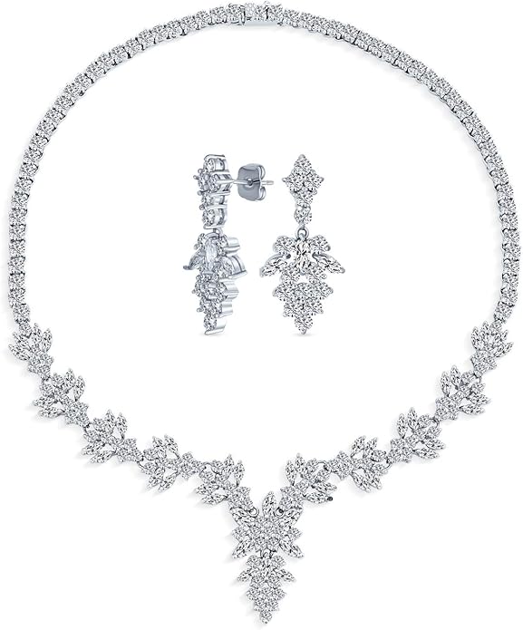 Bridal Jewelry Set Art Deco Vintage Estate Style Cubic Zirconia Marquise Leaf Teardrop AAA CZ Statement Cleavage Choker Necklace & Chandelier Dangle Clip On Or Pierced Earrings For Women Pageant