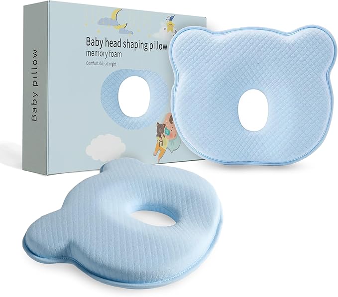 Soft and Breathable Baby Pillow with Memory Foam and Bear Design (Blue)