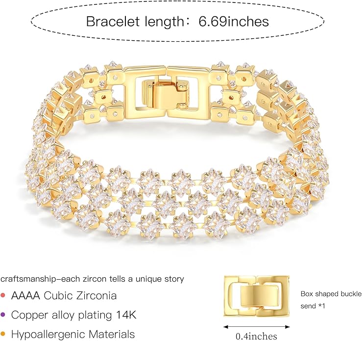 14K Gold Plated Women’s Tennis Bracelet – Sleek CZ Line Bracelet, Fits 6.0"–7.2" Wrist – Sparkly Everyday Jewelry Gift, Contemporary Tennis Bracelets for Women