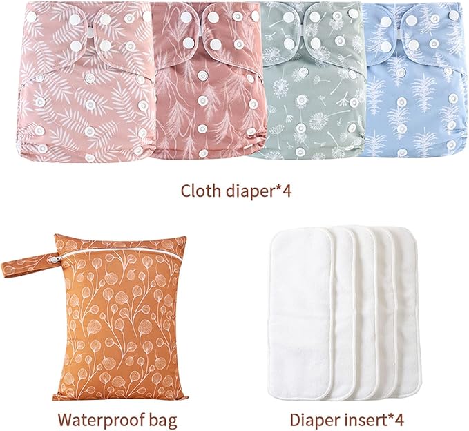 HappyFlute 9 Sets Newborn Baby Cloth Pocket Diapers One Size Adjustable Reusable for Baby Boys and Girls(6-33 pounds,0-3 Years),One Wet Bag+4Diapers and 4Inserts