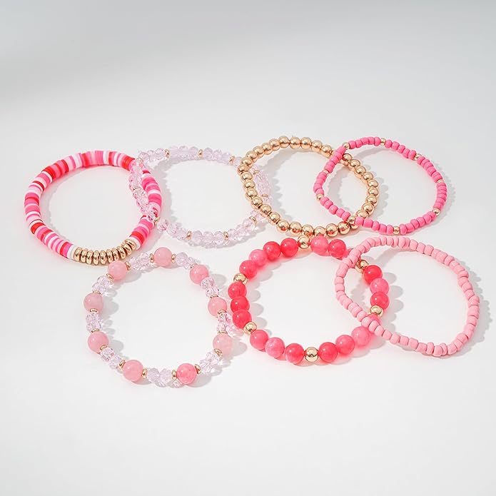 GOOJIDS Surfer Heishi Clay Bead Bracelets for Women Bohemian Stackable Gold Plated Beaded Stretch Bracelets Elastic Layering Friendship Bracelets Set Boho Jewelry