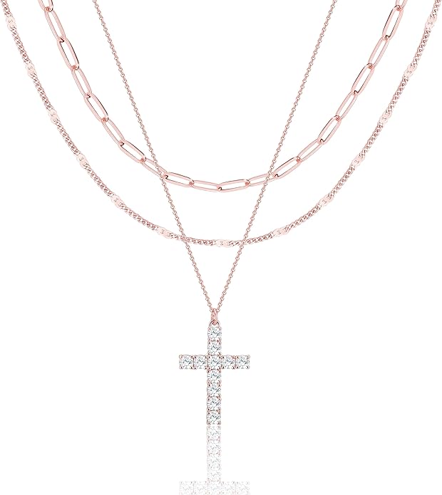 Layered Gold Necklaces for Women, Stackable Dainty 14K Gold Silver Plated Trendy Simple Heart Diamond Cross Bow Circle Pendant Paperclip Choker Dot Chain Necklace,Jewelry Set Gifts for Women