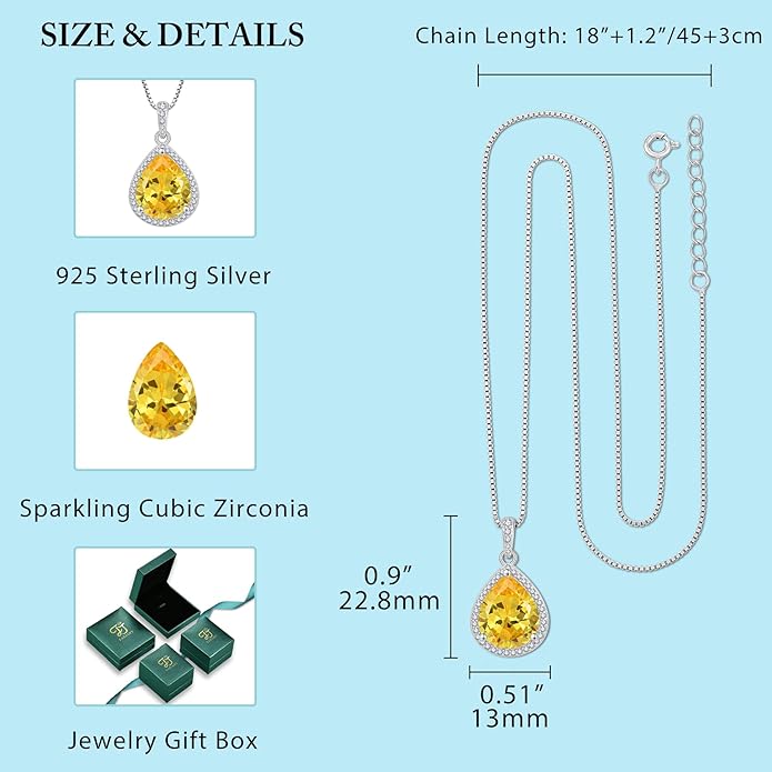 FJ Teardrop Pendant Necklace 925 Sterling Silver Birthstone Jewelry Gifts for Women