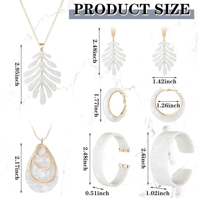 Highergo 8 Pcs Acrylic Jewelry Set Women Statement Earrings Necklace Bracelet Marble Texture Floral Necklace Set for Women