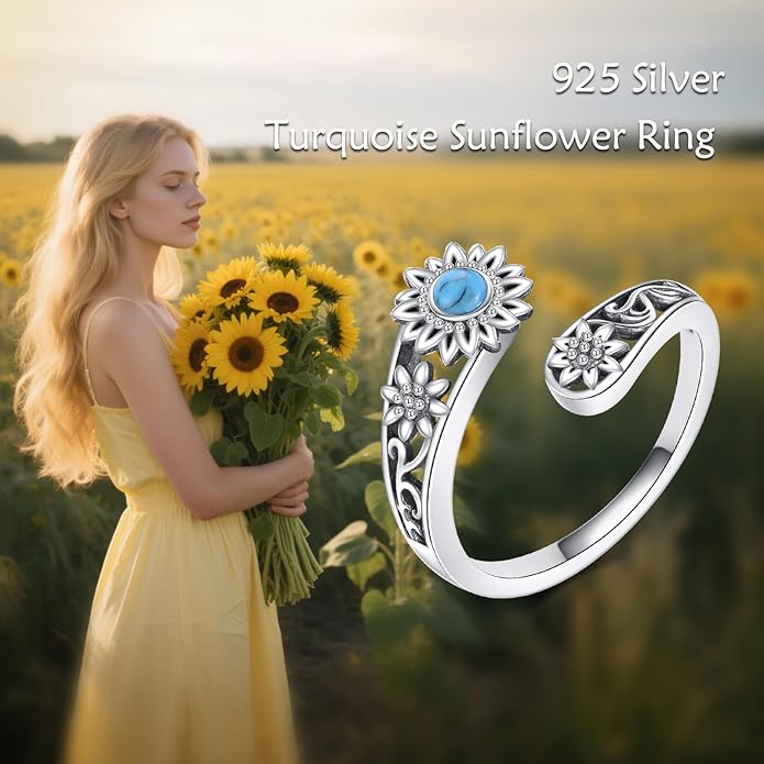 VONALA Dragonfly/Butterfly/Tree of Life/Sunflower Ring for Women 925 Sterling Silver Adjustable Turquoise Ring Flower Antique Jewelry Gifts
