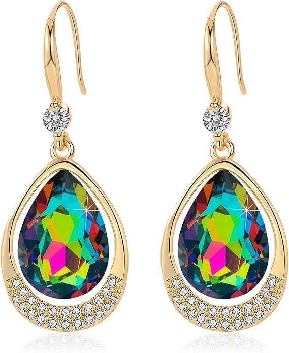 Austrian Crystal Halo Teardrop Hollow Drop Dangle Earrings for Women 14K Rose Gold Plated Hypoallergenic Jewelry Gifts