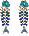 Creative Exaggerated Long Colorful Sparkly Crystal Fish Bone Dangle Drop Earrings Vintage Gold Cute Enamel Diamond Animal metal Stud Earrings