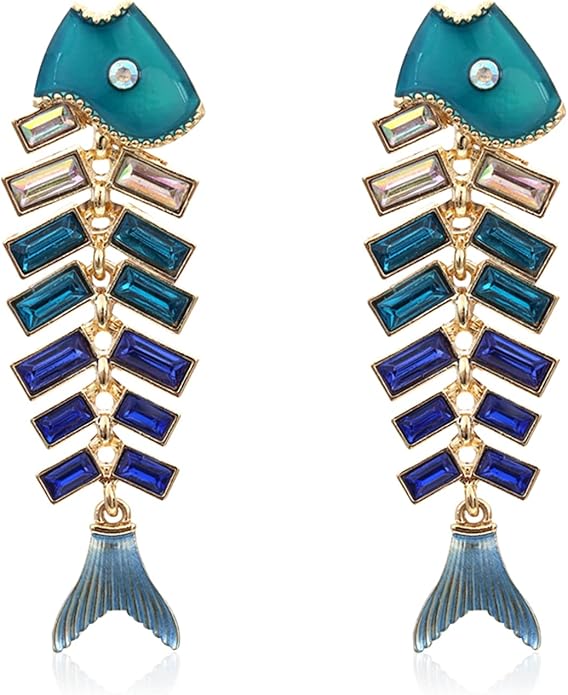 Creative Exaggerated Long Colorful Sparkly Crystal Fish Bone Dangle Drop Earrings Vintage Gold Cute Enamel Diamond Animal metal Stud Earrings