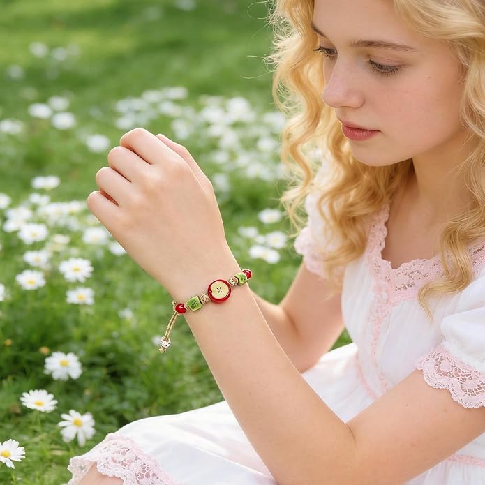 Handmade Ceramic Apple Charm Bracelet, Woven Rope String Wristband with Red Fruit Porcelain Beads, Adjustable Artisan Jewelry for Women, Nature-Inspired Accessory, Unique Teacher Appreciation Gifts