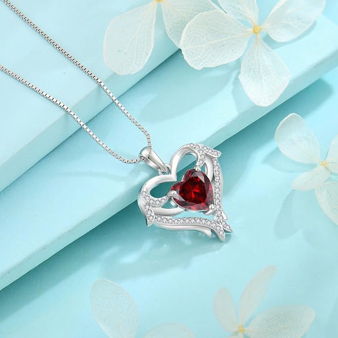 FJ Heart Angel Wings Pendant Necklace 925 Sterling Silver Birthstone Jewelry Gifts for Women