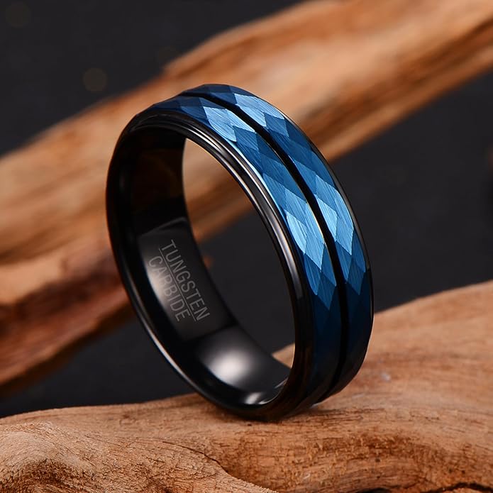 | Faceted Rail Band - 8mm Wide Black Tungsten Wedding Ring with Blue Texture