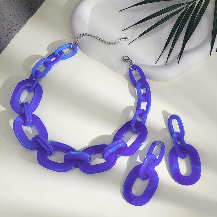 Bocar Acrylic Chunky Statement Necklace for Women Cube Link Chain Collar Necklace and Hoop Earrings Costome Jewelry Set