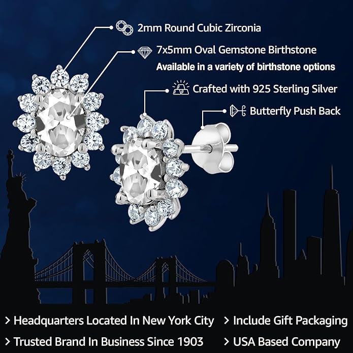 Gem Stone King 7X5MM Oval Gemstone Birthstone Stud Earrings For Women | Princess Diana Royal Halo Style | 925 Sterling Silver | Fine Jewelry Gifts for Anniversary Wedding Her Mom Women Wife