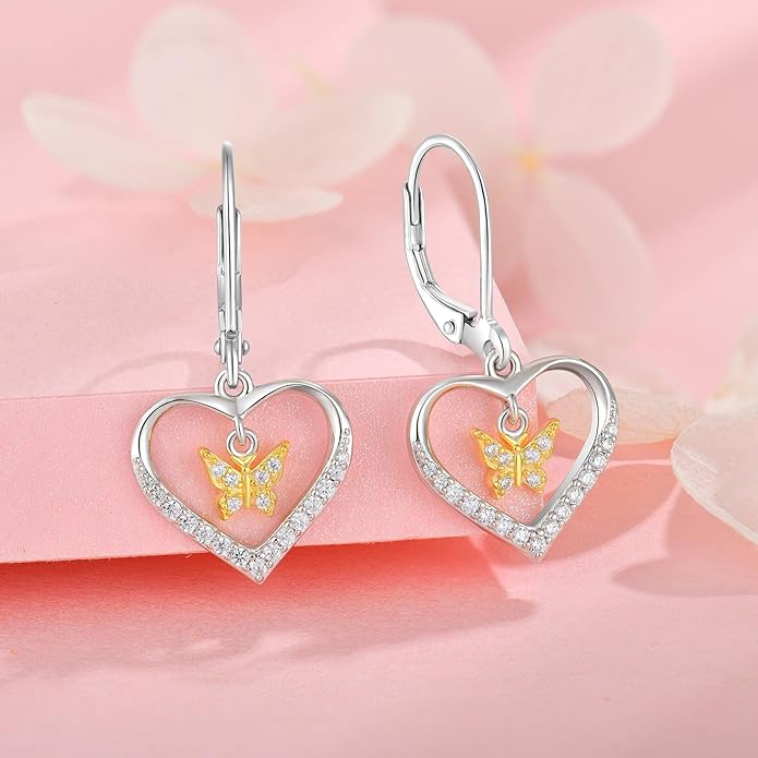 Butterfly Birthstone Heart Dangle Drop Earrings, 925 Strlings Silver 5A Cubic Zircon Leverback Earrings Jewelry Anniversary Birthday Gifts for Women