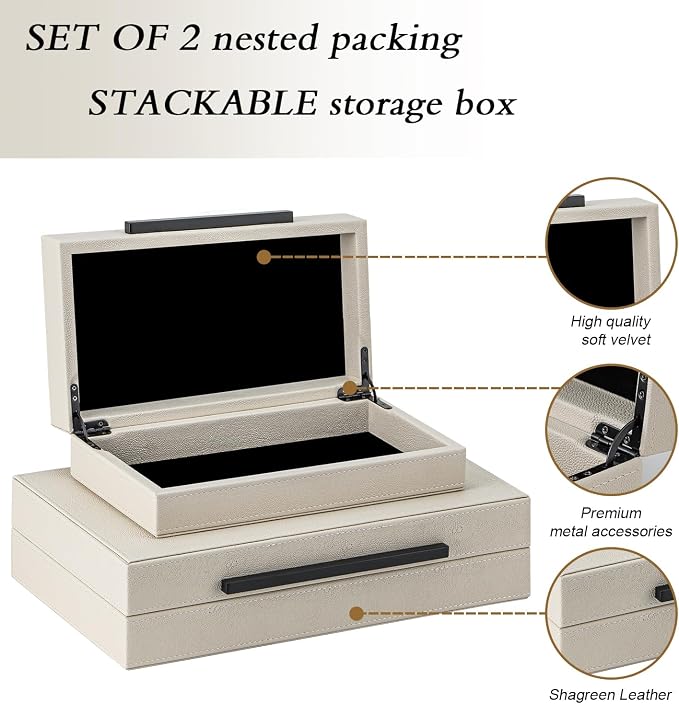 Set of 2 Beige Shagreen Decorative Storage Boxes - Image 3