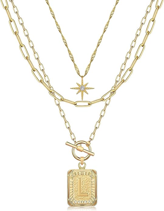 MJartoria Layered Initial Necklaces for Women Trendy, 14K Gold Plated Brass Simple Star Choker Square Letter Pendant Necklace, Paperclip Chain Necklaces Jewelry Gifts