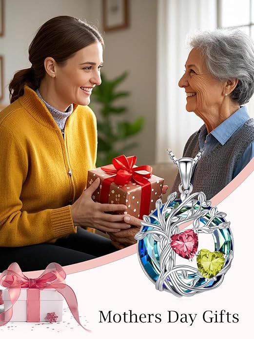 TOUPOP s925 Sterling Silver Family Celtic Tree of Life Pendant Necklaces with 2 Heart Birthstone with Blue Austrian Crystal Jewelry Birthday Valentines Day Gifts for Her, Anniversary Christmas Gifts for Wife Girlfriend Mom (18K Real White Gold Filled)