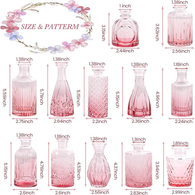 UPBUD Pink Glass Bud Vases Set of 12, Mini Flower Vase - Image 4