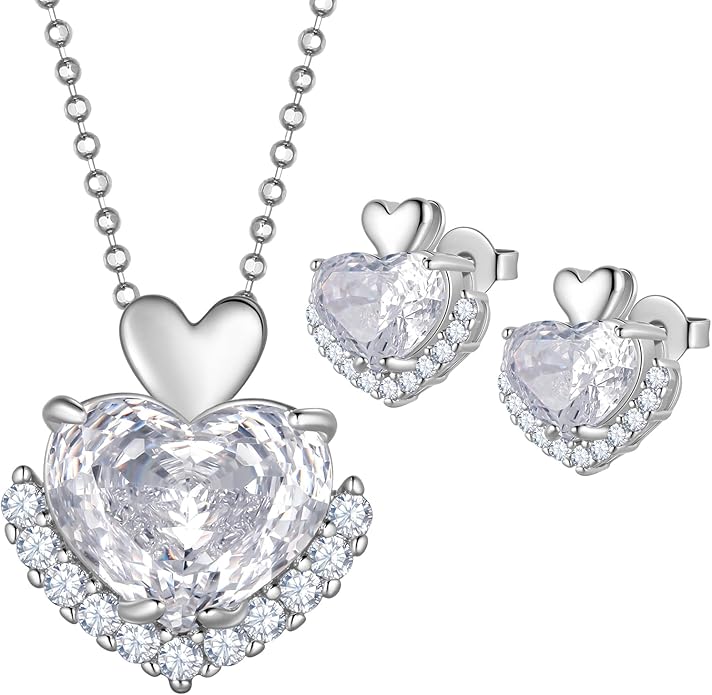 Love Heart Necklaces and Earrings with Rose Cut Birthstone Silver Plated Elegant Jewelry Set for Women CS0002