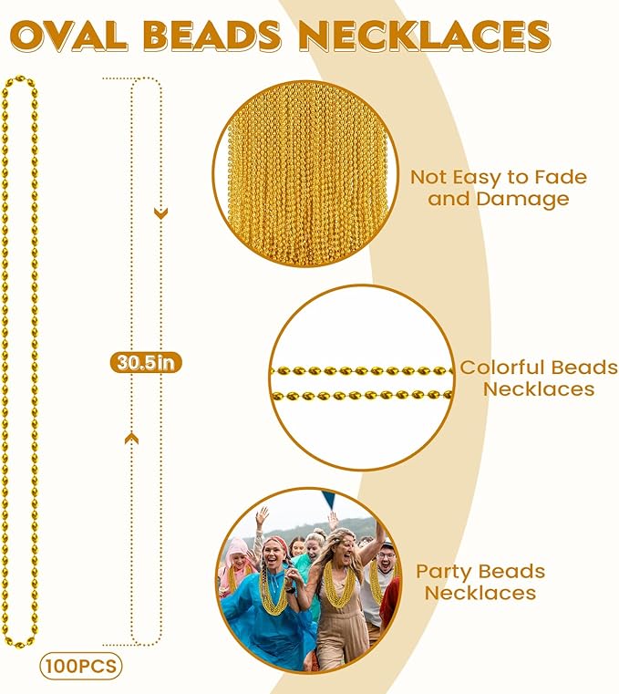 SHAOQINLIN 100 PCS Gold Bead Necklace, Gold Mardi Gras Christmas Oval Beads Necklaces 30.5" Metallic Beaded Costume Necklaces Party Necklaces for Mardi Gras Christmas Parade Throws Pirate Party Favors