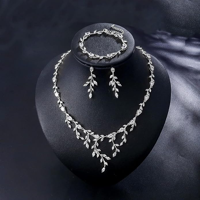 Bridal Wedding Jewelry CZ Set Marquise Teardrop Cubic Zirconia Pendant Necklace and Dangle Earring Bracelet Sets for Women