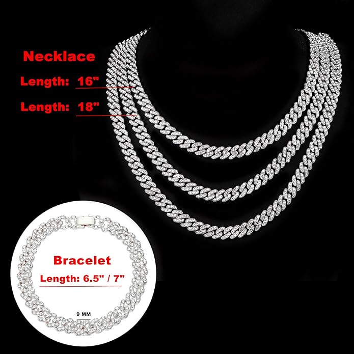 HH BLING EMPIRE 14k Gold/Silver Cuban Link Chain for Women Iced Out Diamond Chunky Cuban Link Necklace Chain Bracelet 2pcs Sets