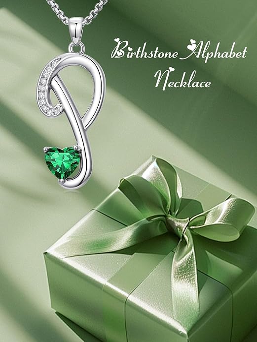 Valentines Day Gifts for Women Alphabet A to Z Initial Birthstone Pendant Necklaces for Women - 18k White Gold Plated Personalized Name Jewelry Valentine Mothers Day Birthday Gifts for Women Her Girlfriend