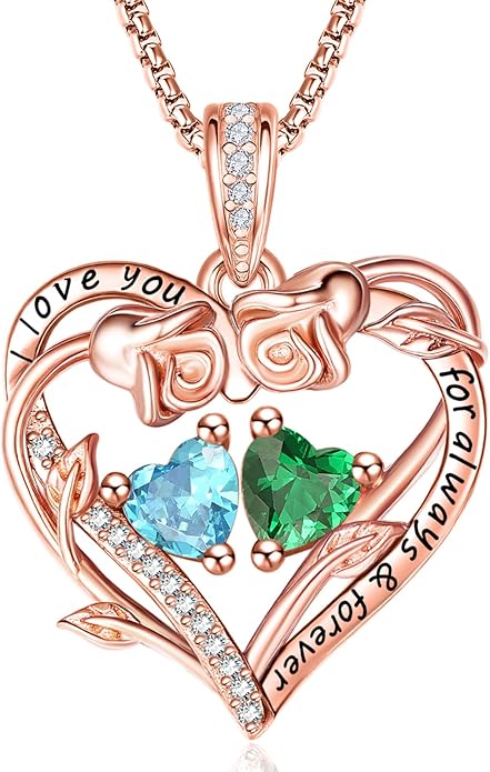 Rose Heart Necklaces for Women, Rose Gold Forever Love Jewelry with 2 Birthstones Pendant,Valentines Anniversarry Birthday Gifts for Her Wife Mom Grandma Daughter, 18+2 Inch Chain