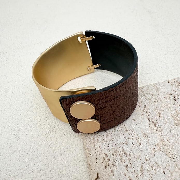 Leather Bracelet for Women Black Leather Golden Bracelet Bangle Chunky Leather Wrap Bracelet for Women Statement Jewelry Gift