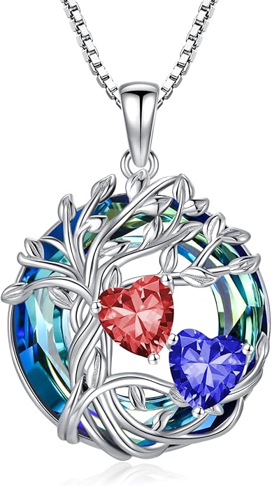 TOUPOP s925 Sterling Silver Family Celtic Tree of Life Pendant Necklaces with 2 Heart Birthstone with Blue Austrian Crystal Jewelry Birthday Valentines Day Gifts for Her, Anniversary Christmas Gifts for Wife Girlfriend Mom (18K Real White Gold Filled)