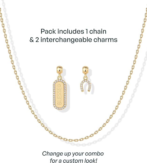 PAVOI 14K Gold Plated Dainty Necklace with Charms Set - Hypoallergenic Adjustable Chain Gold Charm Necklace for Women - Small Motif & Mantra 2 and 3-Pack Removable Pendants - Cute Jewelry Gifts