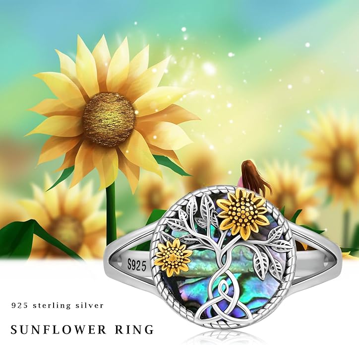 Sunflower Ring for Women 925 Sterling Silver Tree of Life Ring Sunflower Flower Jewelry Gifts for Mom