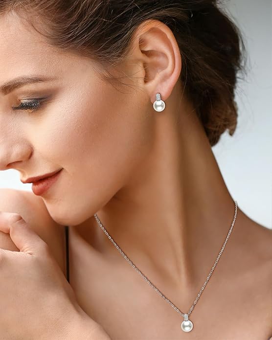 Classic Pearl Jewelry Set for Women – Elegant Pearl Necklace and Earrings Set with 14K Gold Plated Silver Chain Jewelry Perfect as Special Occasion Gift